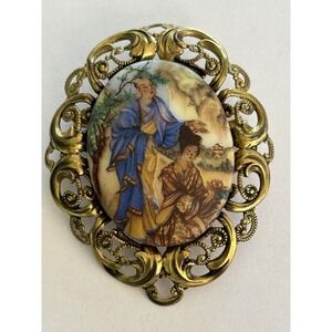 Vintage Brooch Depicting Asian Couple In Homeland Signed Western‎ Germany